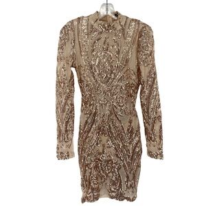 Banjul Bronze Nude Sheer Sequin Mini Dress Mesh Mock Neck Long Sleeve Dress
